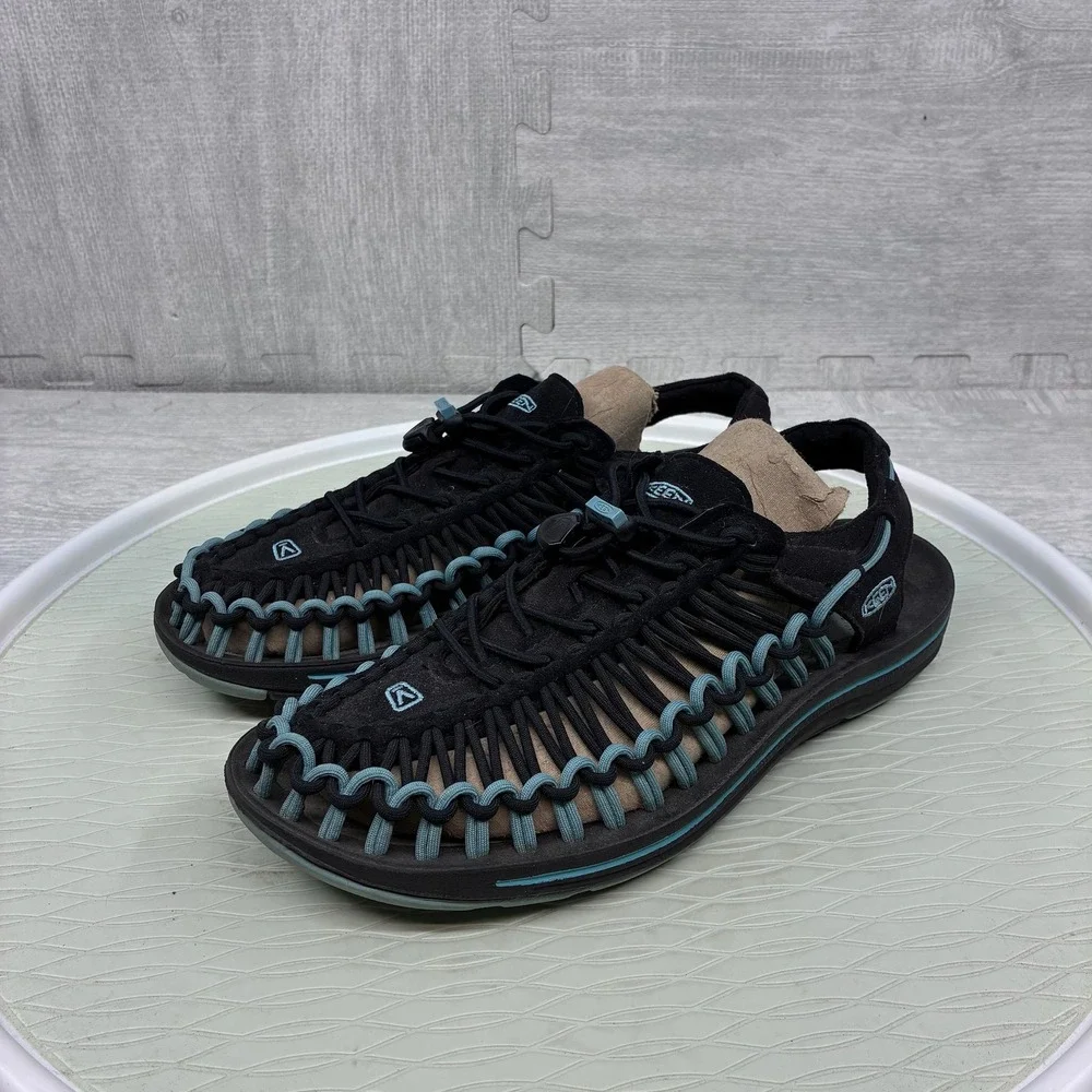 Keen Uneek Sandals Mens 9.5 Black Blue Cord Lace Up Outdoor Shoes 1013092